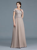 A-Line/Princess Scoop Short Sleeves Applique Floor-Length Chiffon Mother of the Bride Dresses TPP0007275