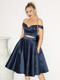 A-Line/Princess Satin Off-the-Shoulder Ruffles Sleeveless Tea-Length Two Piece Dresses TPP0004577