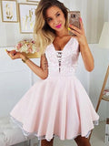 A-Line/Princess Satin Applique V-neck Sleeveless Short/Mini Homecoming Dress TPP0003211