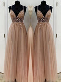 A-Line/Princess Beading Tulle Spaghetti Straps Sleeveless Floor-Length Dresses TPP0001468