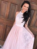 A-Line/Princess Sleeveless Halter Tulle Lace Sweep/Brush Train Dresses TPP0002260