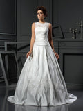 A-Line/Princess High Neck Applique Sleeveless Long Satin Wedding Dresses TPP0006700