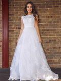 A-Line/Princess Lace Sleeveless Scoop Sweep/Brush Train Wedding Dresses TPP0006152