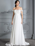 A-Line/Princess Off-the-Shoulder Sleeveless Chiffon Sweep/Brush Train Wedding Dresses TPP0006370