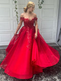 A-Line/Princess Off-the-Shoulder Tulle Applique Sleeveless Floor-Length Dresses TPP0001493