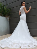 Trumpet/Mermaid Tulle Lace V-neck Sleeveless Sweep/Brush Train Wedding Dresses TPP0006142