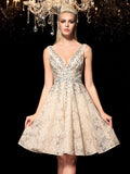 A-Line/Princess V-neck Beading Sleeveless Short Lace Cocktail Dresses TPP0008254