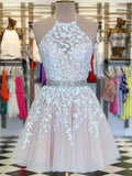 A-Line/Princess Applique Tulle Sleeveless Halter Short/Mini Homecoming Dresses TPP0003814