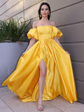 A-Line/Princess Satin Ruffles Off-the-Shoulder Short Sleeves Sweep/Brush Train Dresses TPP0004625