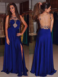 A-Line/Princess Bateau Sleeveless Sweep/Brush Train Beading Satin Dresses TPP0003180