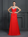 A-Line/Princess High Neck Beading Sleeveless Long Elastic Woven Satin Dresses TPP0004475