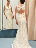 Trumpet/Mermaid Lace Sash/Ribbon/Belt V-neck Sleeveless Sweep/Brush Train Wedding Dresses TPP0006607