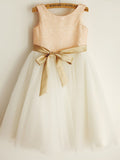 A-Line/Princess Tulle Sash/Ribbon/Belt Sleeveless Scoop Knee-Length Flower Girl Dresses TPP0007870