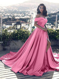 A-Line/Princess Sleeveless Off-the-Shoulder Ruffles Satin Court Train Dresses TPP0001567