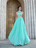 A-Line/Princess High Neck Beading Sleeveless Long Chiffon Two Piece Dresses TPP0003068