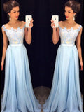 A-Line/Princess Sleeveless Sheer Neck Applique Chiffon Sweep/Brush Train Dresses TPP0001884