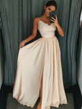 A-Line/Princess Sleeveless Spaghetti Straps Floor-Length Applique Silk like Satin Dresses TPP0002593