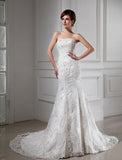 Trumpet/Mermaid Beading Strapless Sleeveless Lace Satin Wedding Dresses TPP0006761