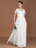 A-Line/Princess Short Sleeves Spaghetti Straps Ruched V-neck Floor-Length Chiffon Bridesmaid Dresses TPP0005580