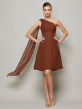 A-Line/Princess One-Shoulder Sleeveless Pleats Short Chiffon Bridesmaid Dresses TPP0005095