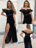 A-Line/Princess Off-the-Shoulder Velvet Hand-Made Flower Sleeveless Floor-Length Dresses TPP0004717