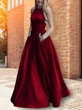 A-Line/Princess Halter Sleeveless Floor-Length Beading Satin Dresses TPP0002223