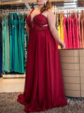 A-Line/Princess Straps Sleeveless Beading Sweep/Brush Train Chiffon Plus Size Dresses TPP0003923