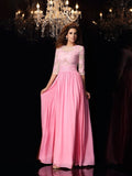 A-Line/Princess Scoop Applique 1/2 Sleeves Long Silk like Satin Dresses TPP0003989