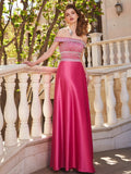 A-Line/Princess Off-the-Shoulder Beading Sleeveless Satin Floor-Length Two Piece Dresses TPP0003592