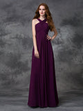 A-line/Princess Straps Ruched Sleeveless Long Chiffon Bridesmaid Dresses TPP0005379