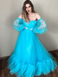 A-Line/Princess Off-the-Shoulder Applique Tulle Floor-Length Long Sleeves Dresses TPP0004752