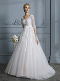 Ball Gown V-neck Court Train 1/2 Sleeves Lace Tulle Wedding Dresses TPP0006340