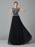 A-Line/Princess Jewel Beading Short Sleeves Long Chiffon Dresses TPP0003370