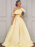 A-Line/Princess Sleeveless One-Shoulder Floor-Length Ruffles Satin Dresses TPP0001459