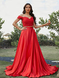 A-Line/Princess Silk like Satin Applique Off-the-Shoulder Sleeveless Sweep/Brush Train Two Piece Dresses TPP0001490