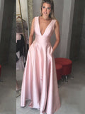 A-Line/Princess Sleeveless V-neck Floor-Length Ruffles Satin Dresses TPP0002840