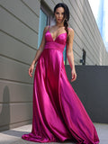 A-Line/Princess Silk like Satin Ruffles V-neck Sleeveless Sweep/Brush Train Dresses TPP0001663