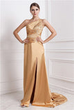 A-Line/Princess One-Shoulder Sleeveless Long Beading Elastic Woven Satin Dresses TPP0004160