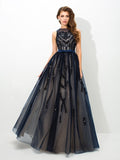 A-Line/Princess Sheer Neck Applique Sleeveless Long Tulle Dresses TPP0002434