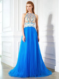 A-Line/Princess Jewel Beading Sleeveless Floor-Length Net Dresses TPP0004362