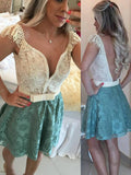 A-Line/Princess Sleeveless V-neck Beading Lace Short/Mini Dresses TPP0008605