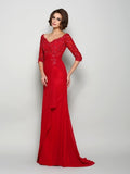 A-Line/Princess V-neck Beading 1/2 Sleeves Applique Long Chiffon Mother of the Bride Dresses TPP0007132