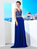 A-Line/Princess Sleeveless Sheer Neck Chiffon Applique Sweep/Brush Train Dresses TPP0003142