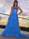 A-Line/Princess Strapless Tulle Ruffles Sleeveless Sweep/Brush Train Dresses TPP0004769