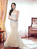 Trumpet/Mermaid Scoop Organza Beading Sleeveless Court Train Wedding Dresses TPP0006746