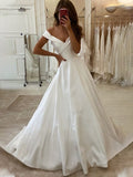 A-Line/Princess Satin Ruffles Off-the-Shoulder Sleeveless Sweep/Brush Train Wedding Dresses TPP0006171