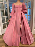 A-Line/Princess Long Sleeves Square Ruffles Satin Floor-Length Dresses TPP0001424