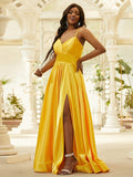 A-Line/Princess Silk like Satin Ruffles V-neck Sleeveless Floor-Length Dresses TPP0004878