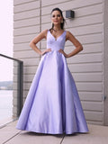 A-Line/Princess Satin Ruffles V-neck Sleeveless Floor-Length Dresses TPP0004628