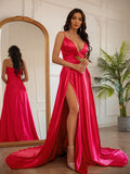 A-Line/Princess Silk like Satin Ruched V-neck Sleeveless Sweep/Brush Train Dresses TPP0001389